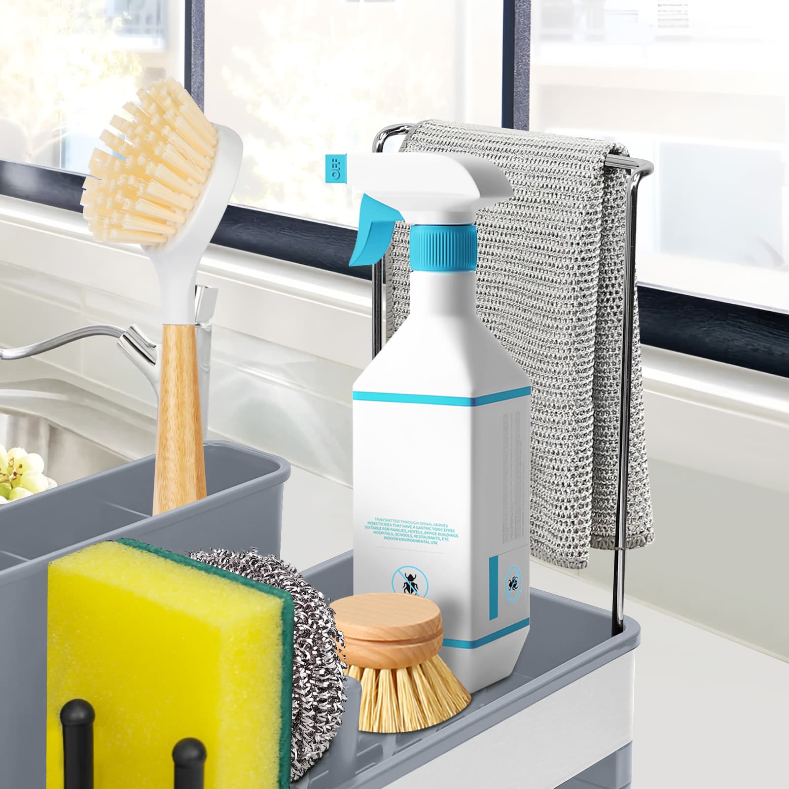 Gray Obsoorth sink caddy holding a dishcloth brush sponge and soap