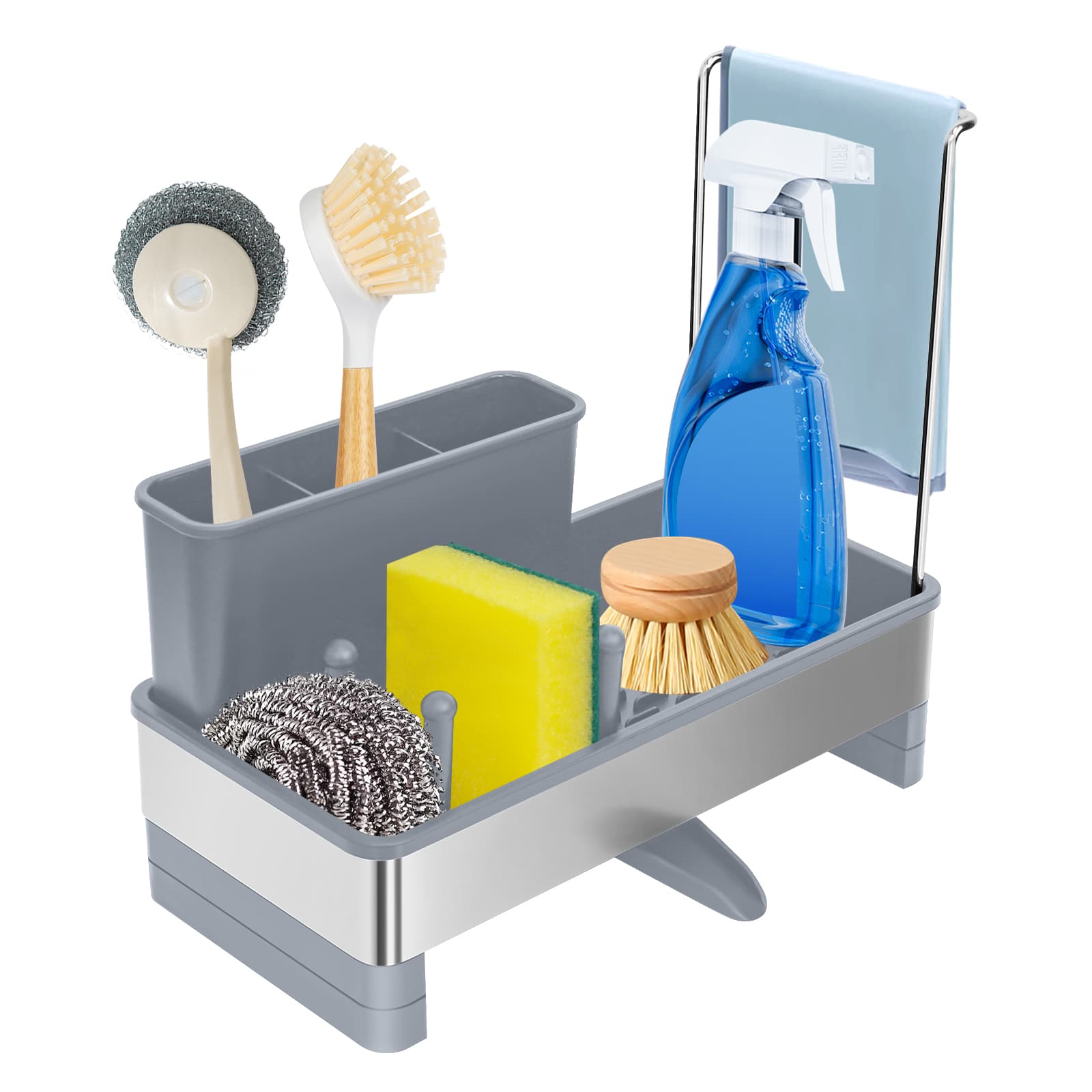 Obsoorth gray kitchen sink caddy with brush holder and dishcloth rod