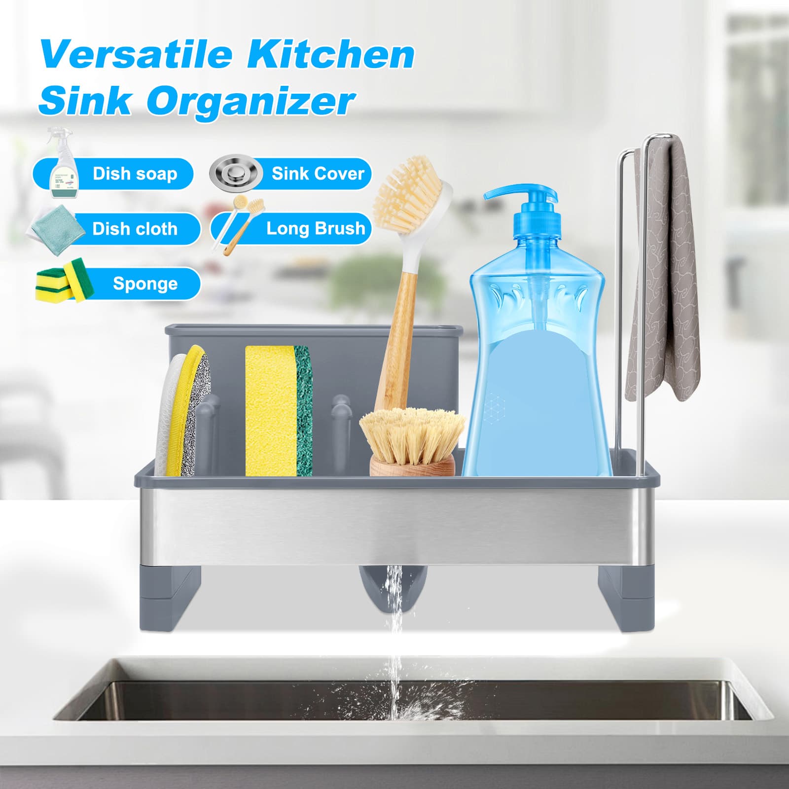 Gray kitchen sink caddy directing collected water toward the sink
