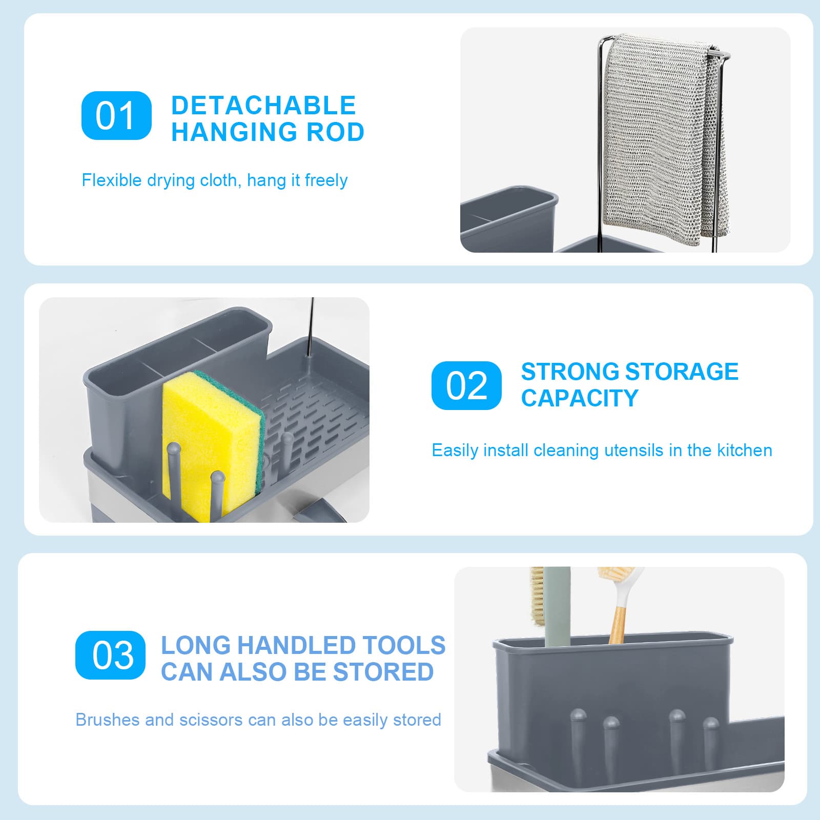 Dishcloth rod and divided storage features of the gray sink organizer