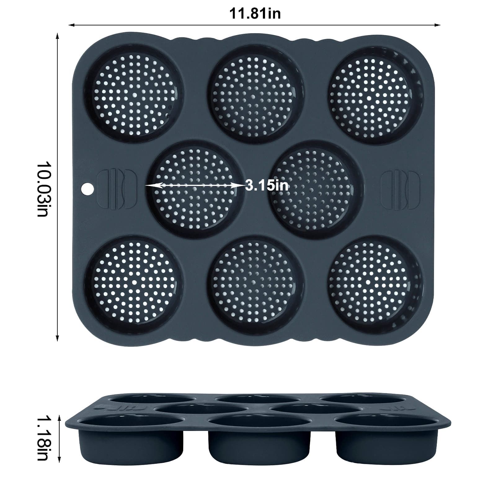 Dimensions of the Obsoorth eight-cavity mini hamburger bun pan