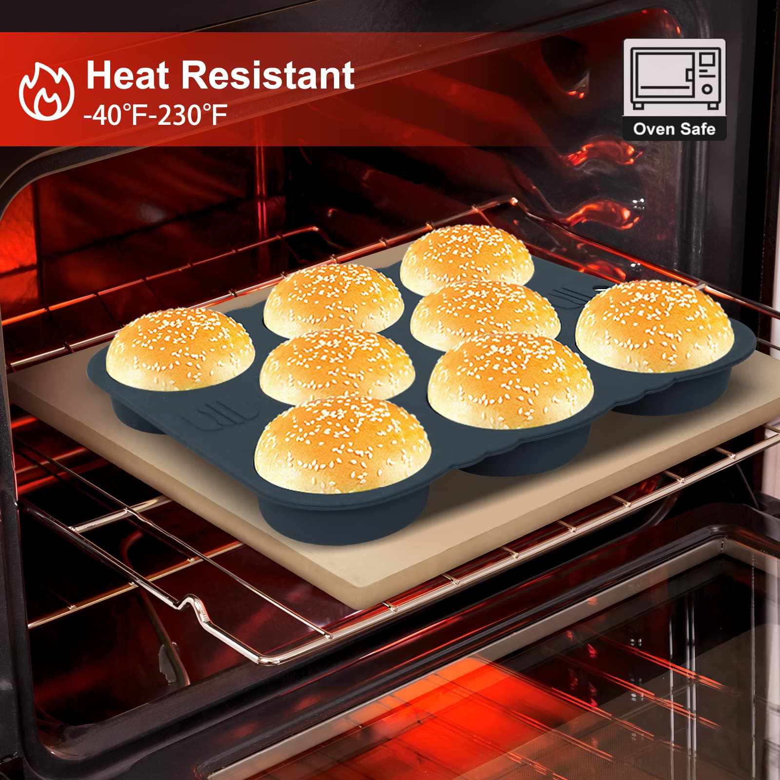 Obsoorth eight-cavity silicone bun pan shown inside an oven