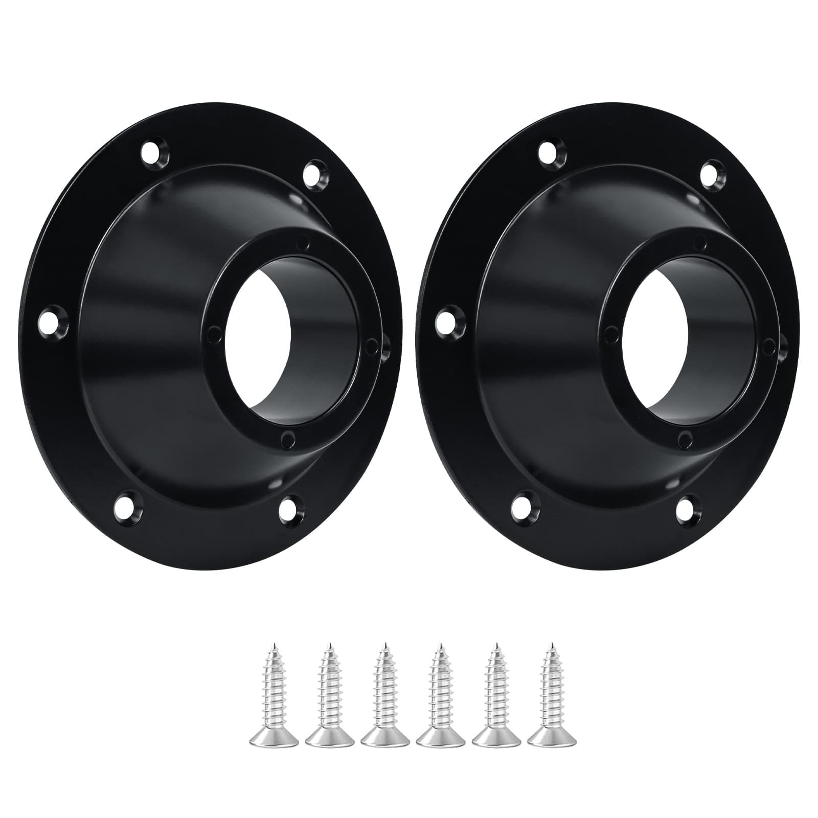 Two black Obsoorth RV pedestal table base mounts with mounting screws