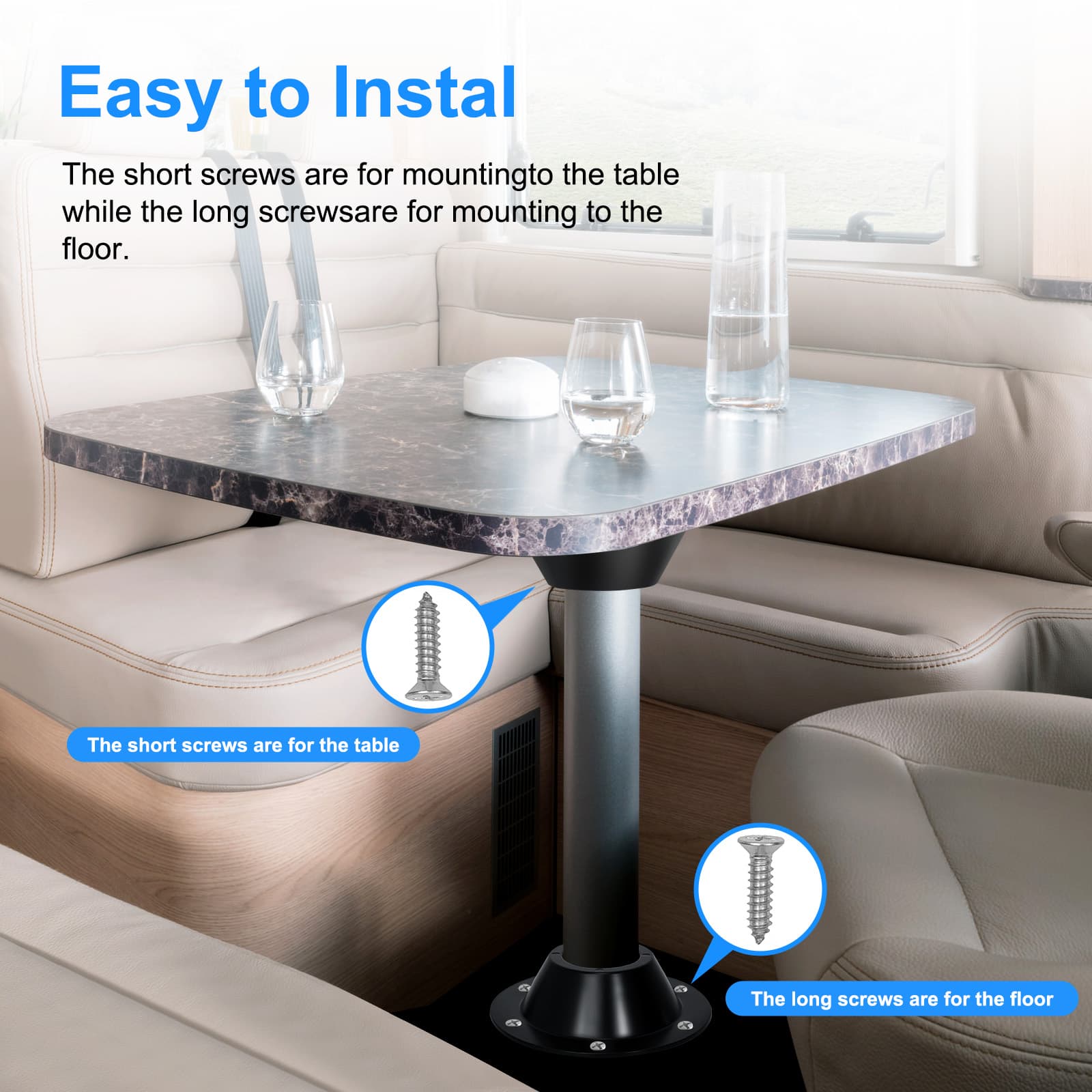Short and long screw placement for Obsoorth RV table base installation