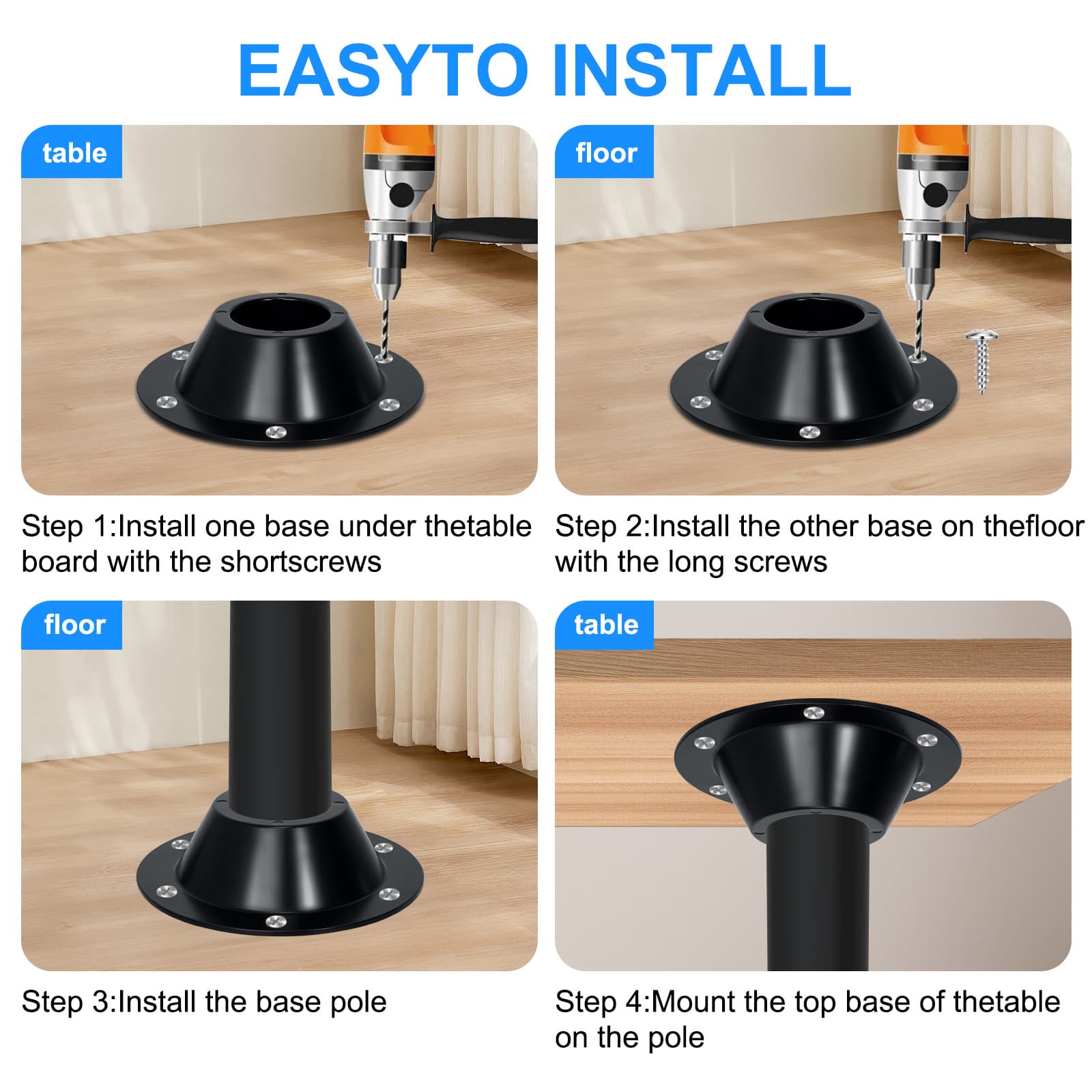 Four installation steps for Obsoorth RV pedestal table base mounts