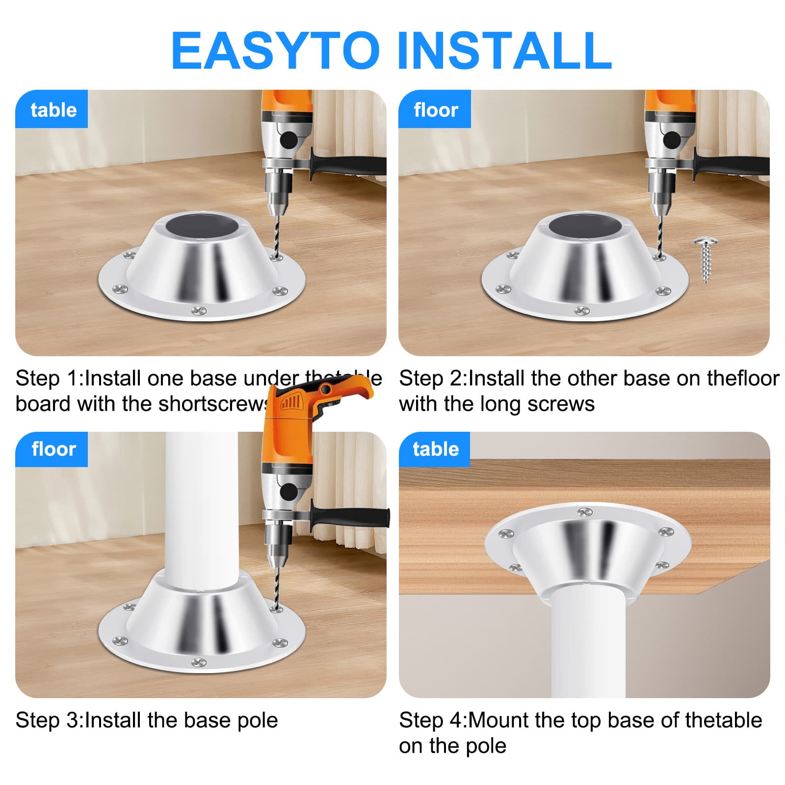 Four installation steps for silver Obsoorth RV pedestal table base mounts