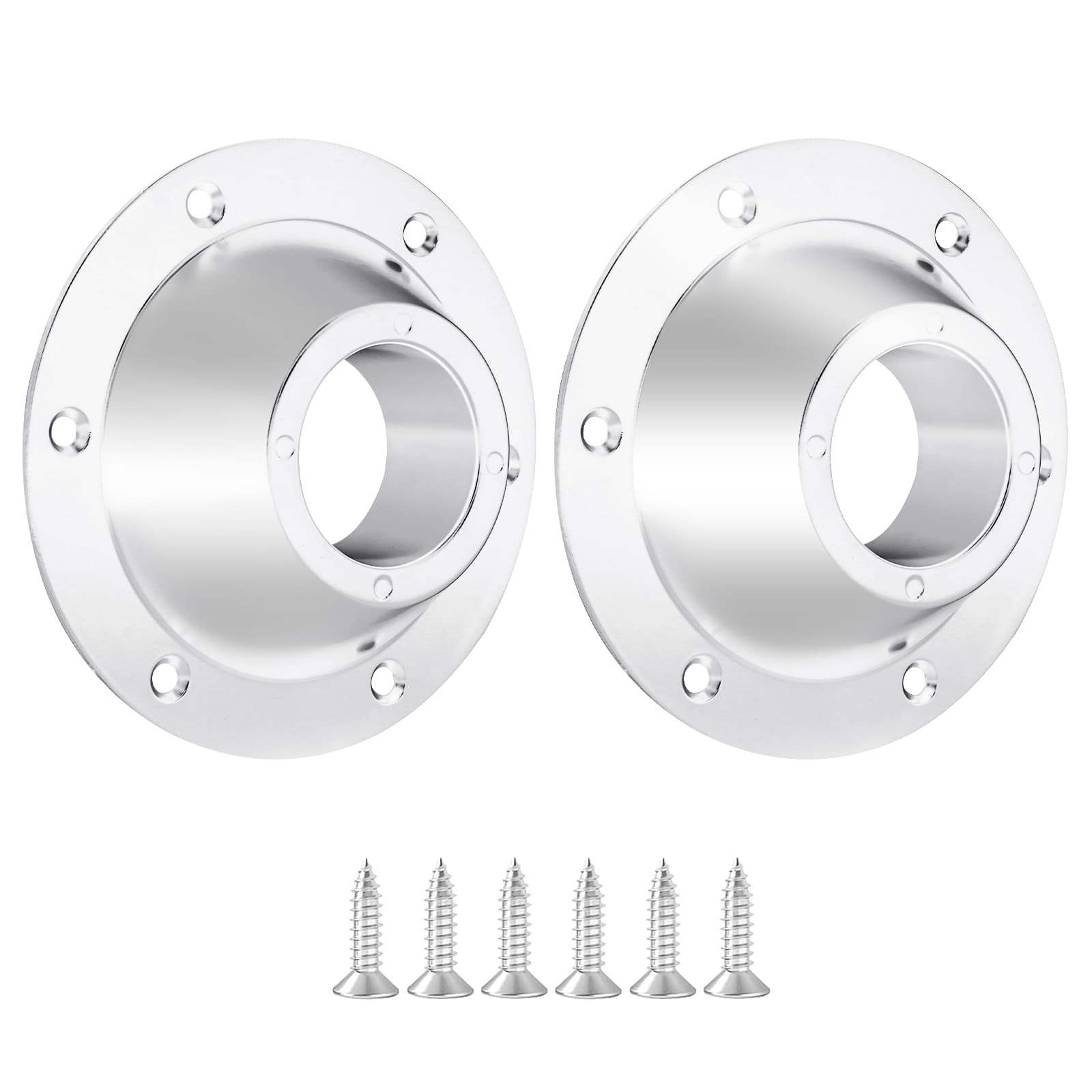 Two silver Obsoorth RV pedestal table base mounts with mounting screws