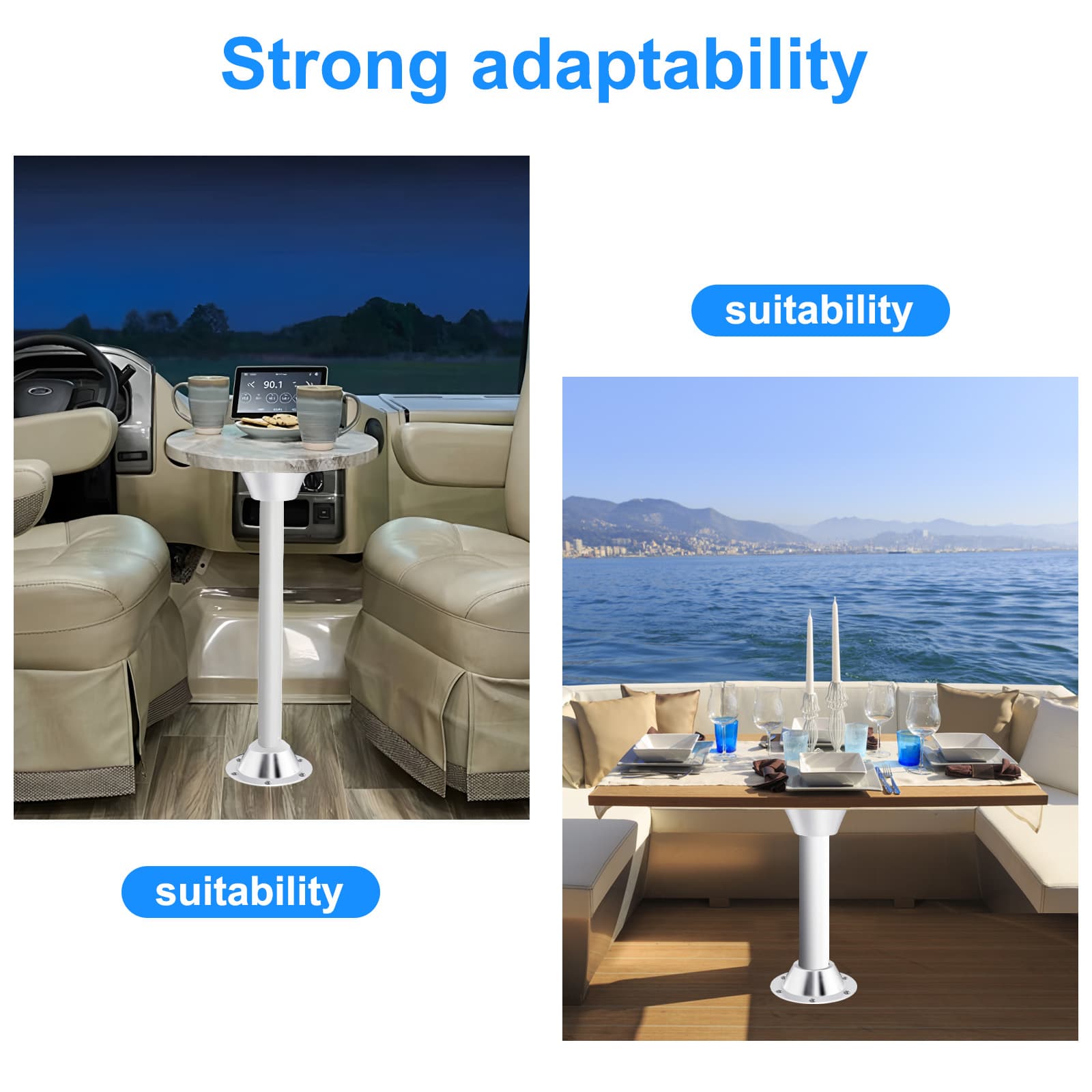 Silver Obsoorth pedestal table base mounts used in an RV and boat