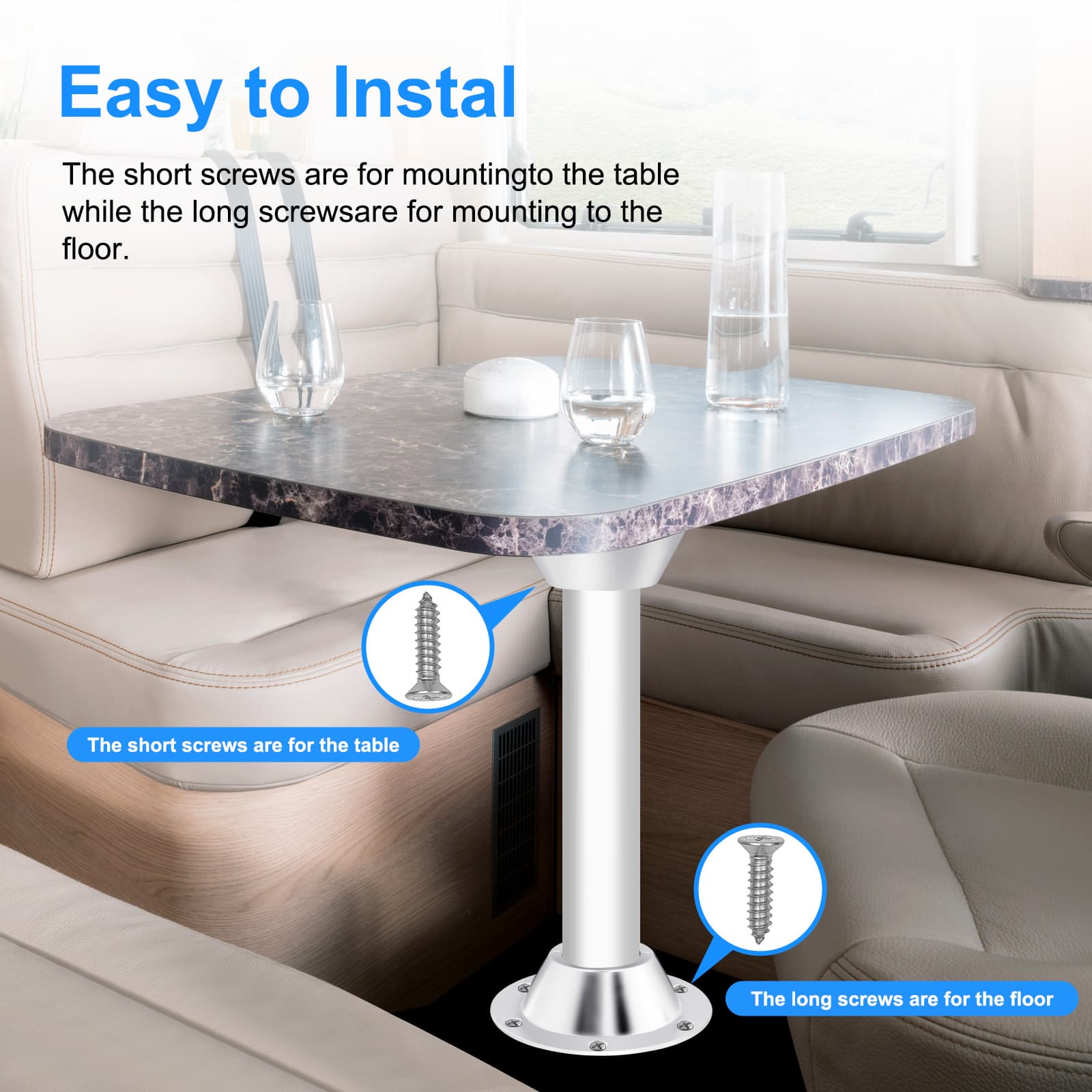 Short and long screw placement for silver Obsoorth RV table base installation