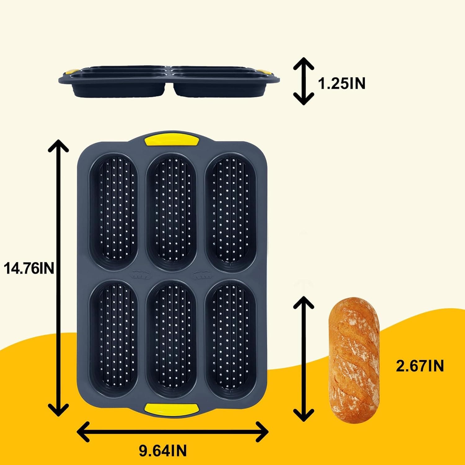 Dimensions of the Obsoorth six-cavity hot dog bun pan