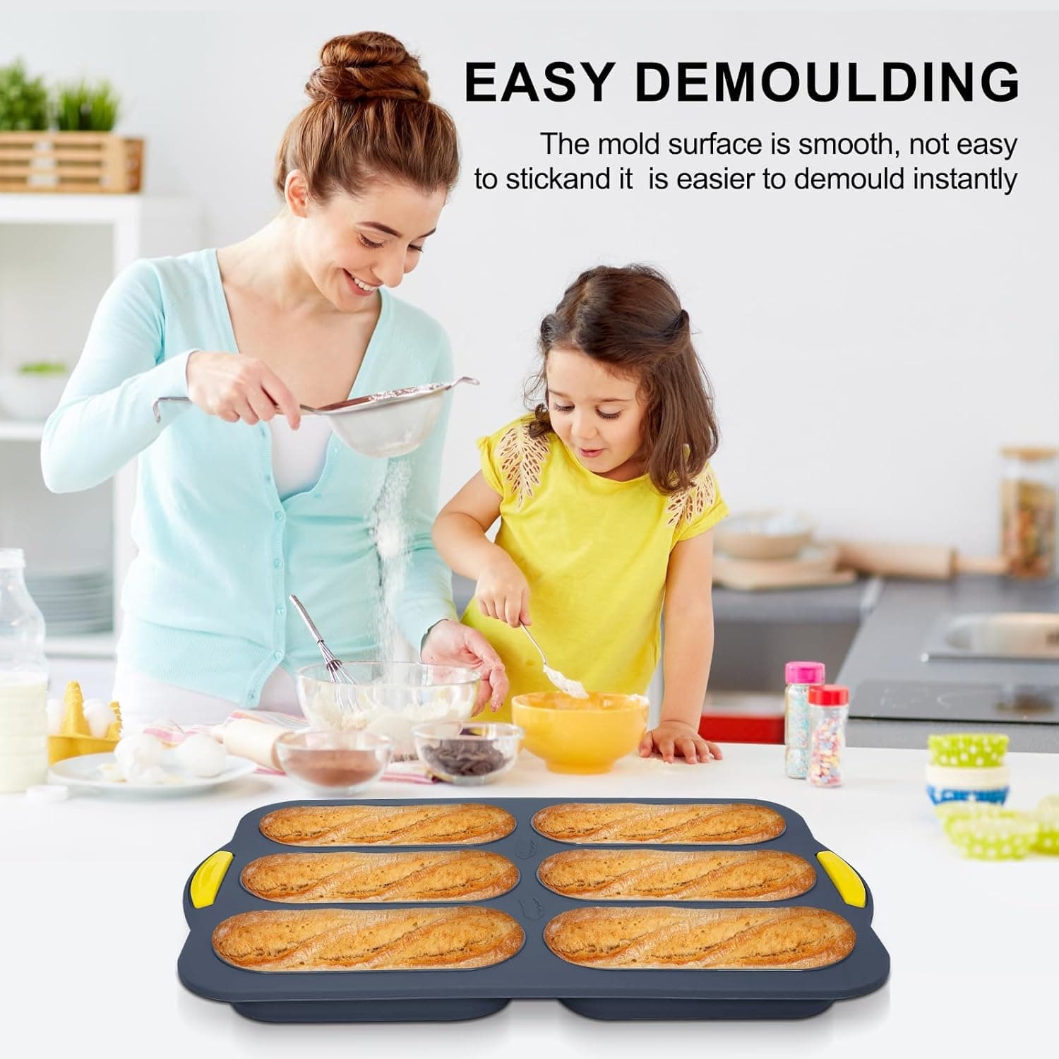 Six baked rolls released from the Obsoorth silicone hot dog bun pan