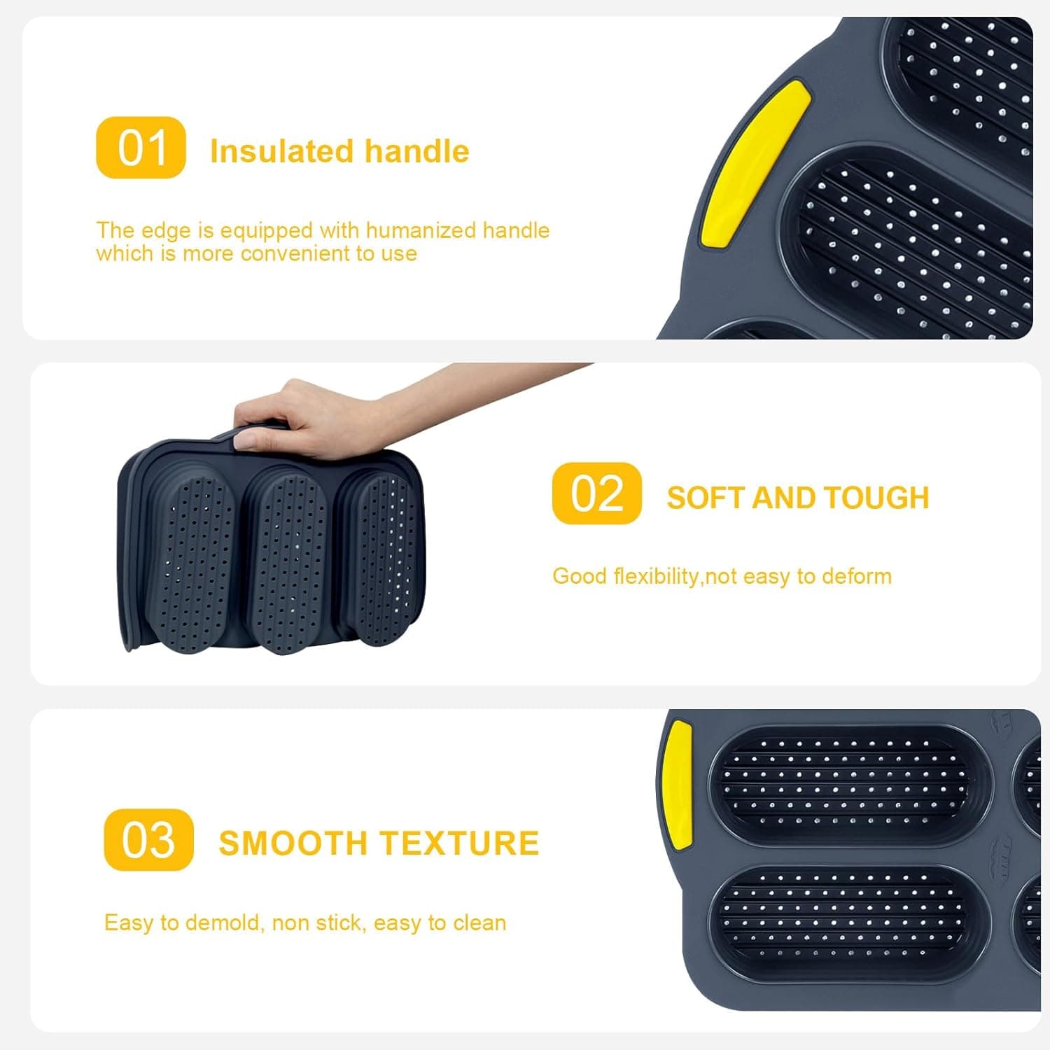 Grip, flexible silicone and smooth cavity details of the Obsoorth bun pan