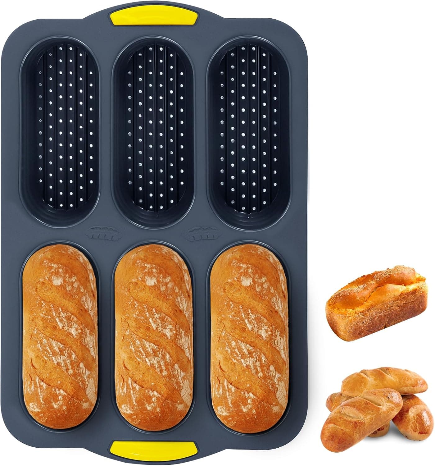 Obsoorth black six-cavity silicone hot dog bun pan with yellow grips