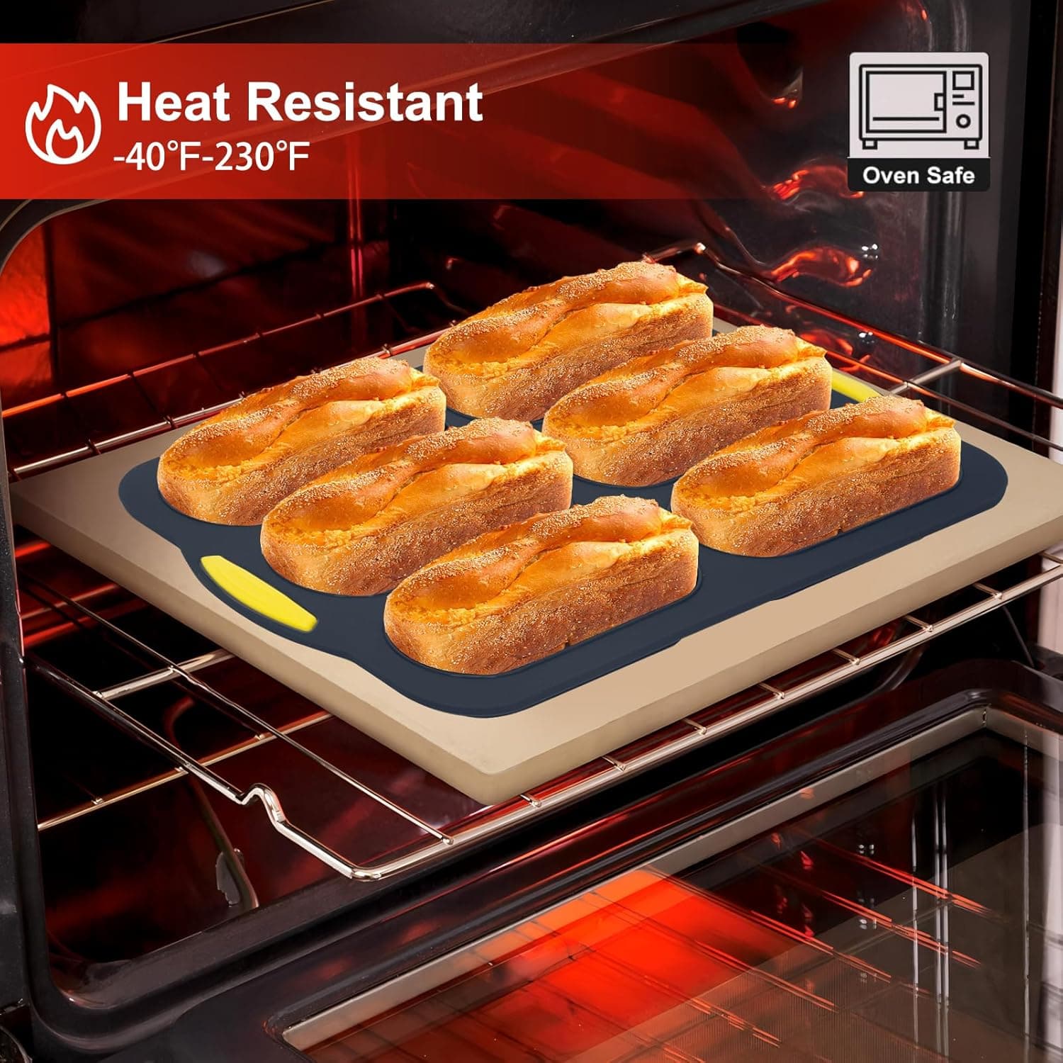 Obsoorth six-cavity silicone bun pan shown baking rolls in an oven