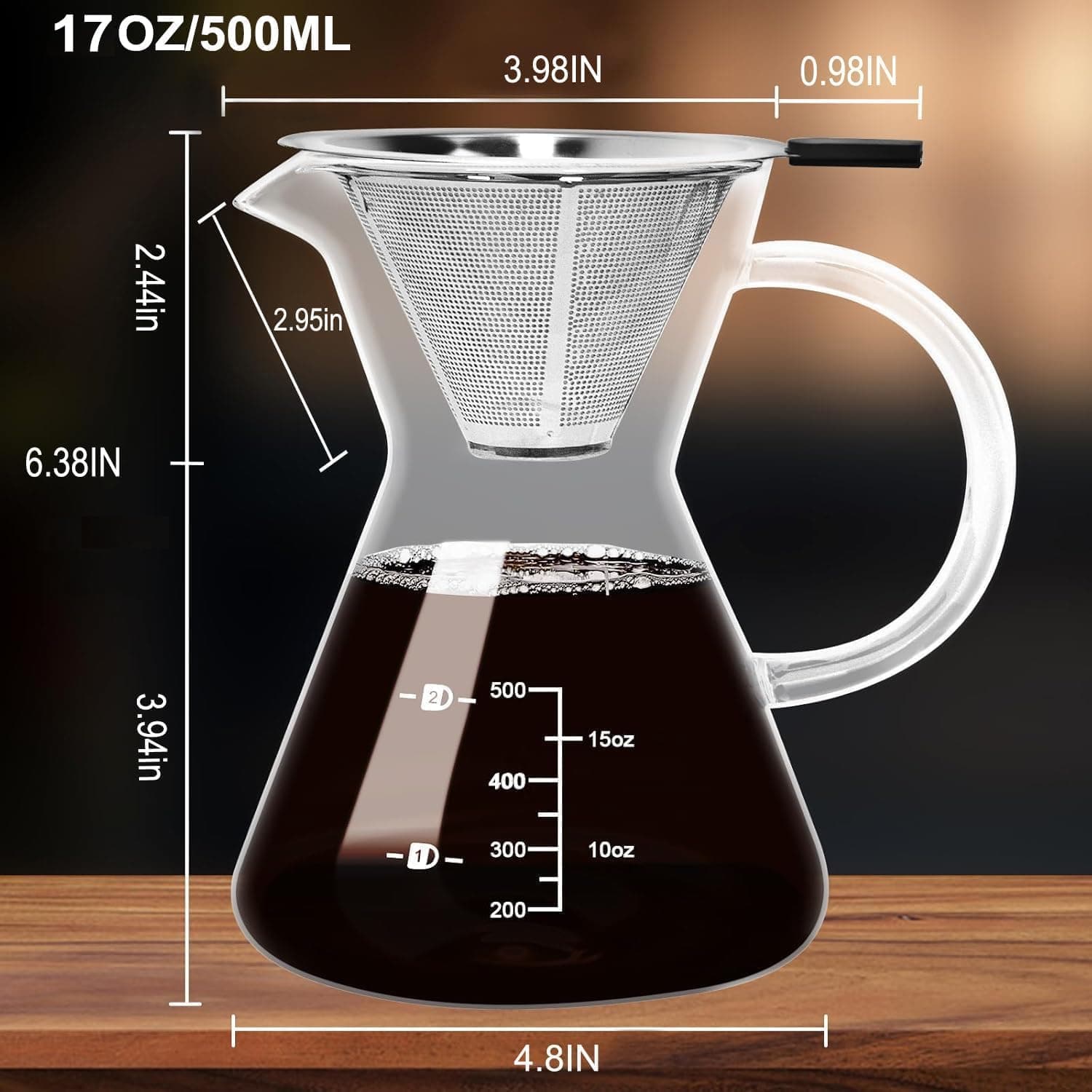 Dimensions and 500 ml capacity of the Obsoorth pour over coffee maker