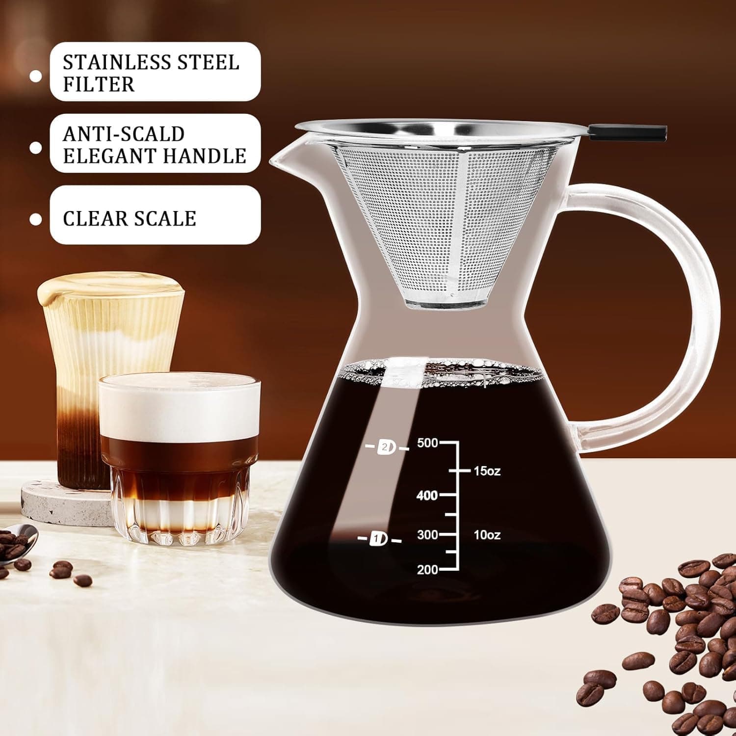 Stainless steel filter, clear scale and handle features of the Obsoorth coffee maker
