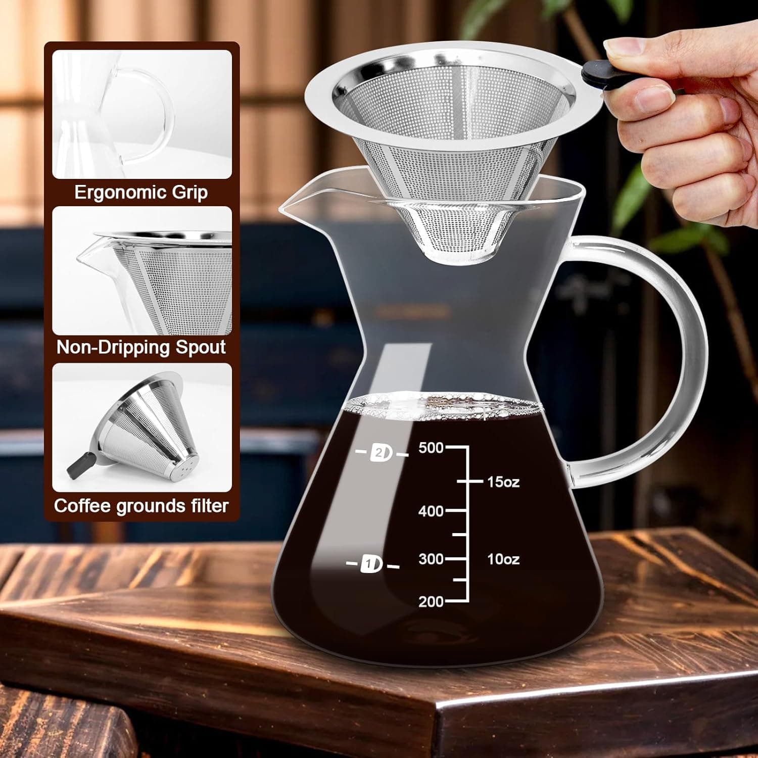 Reusable stainless steel coffee filter and ergonomic grip details