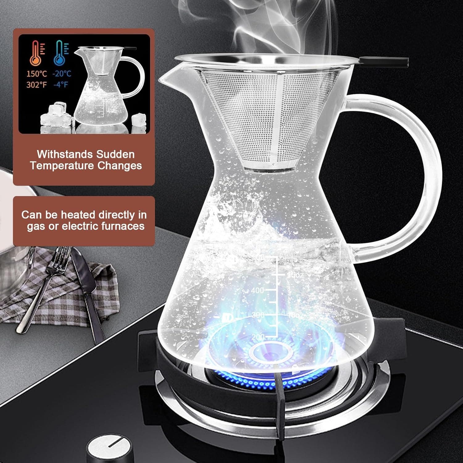 Heat-resistant Obsoorth glass coffee maker shown on a stovetop