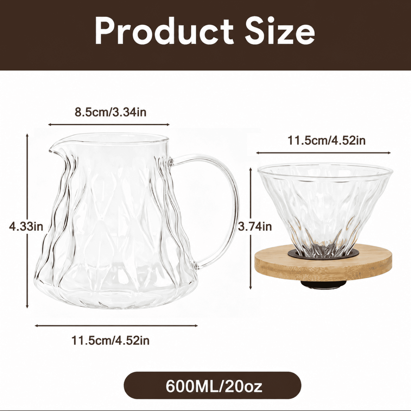Dimensions and 600 ml capacity of the Obsoorth glass pour over coffee maker