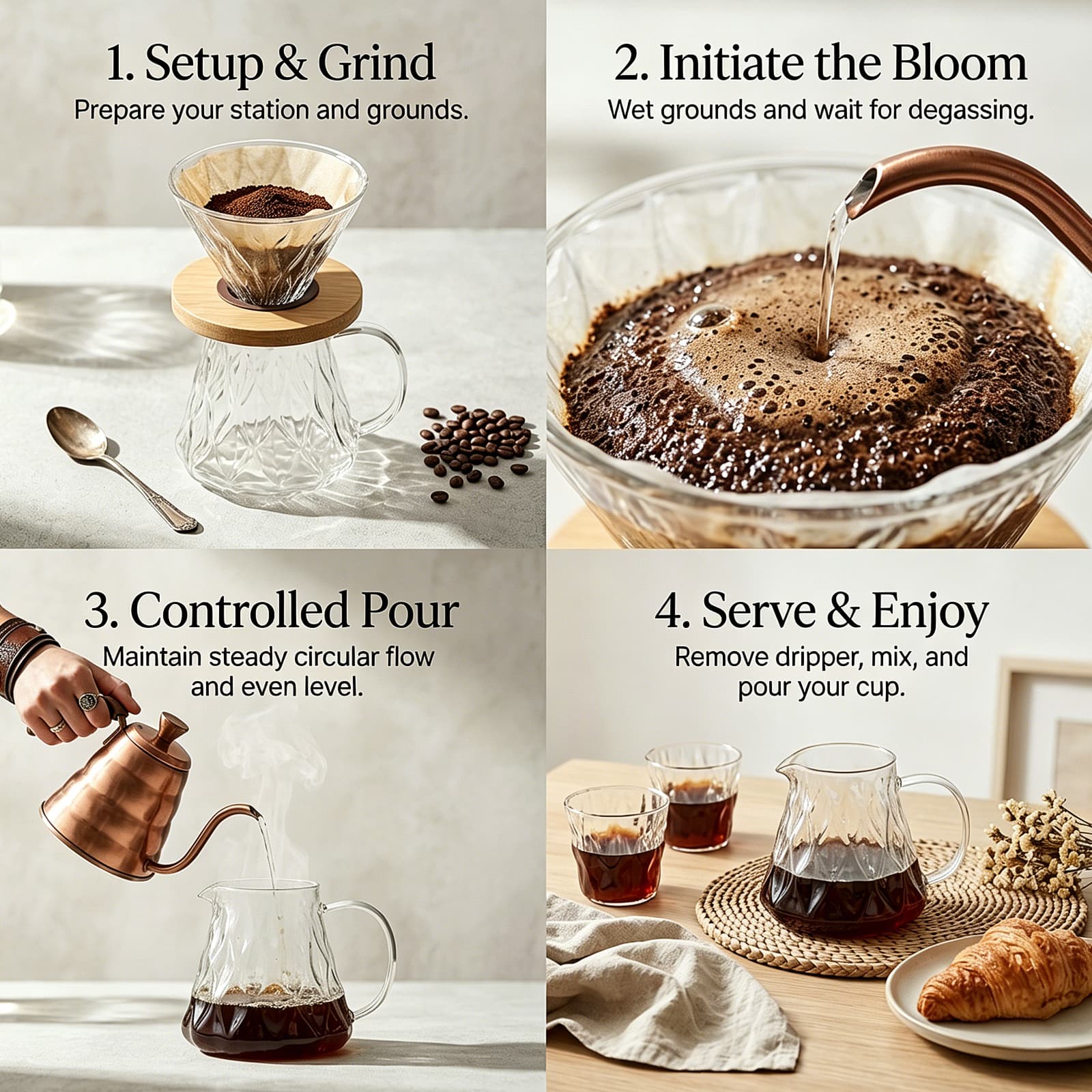 Four steps for brewing coffee with the Obsoorth glass pour over set