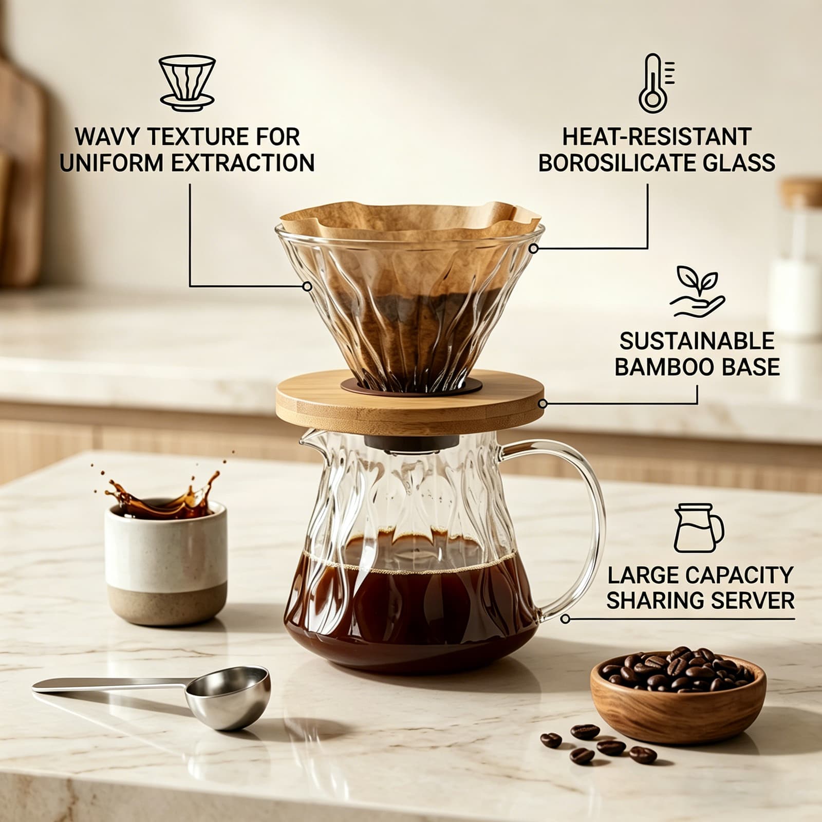 Glass dripper, bamboo ring and serving carafe features
