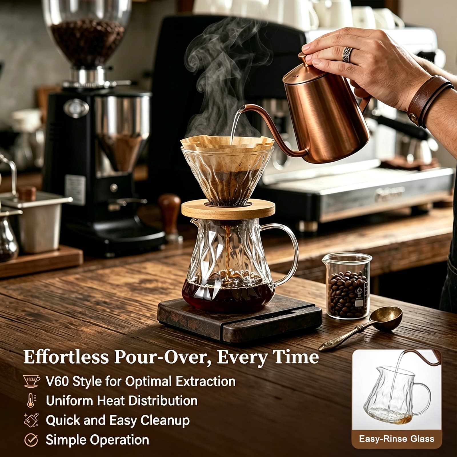 Obsoorth glass pour over coffee maker used with a gooseneck kettle