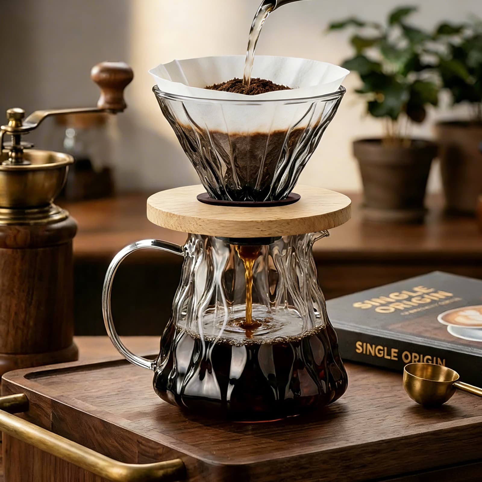 Fresh coffee filtering into the Obsoorth glass serving carafe